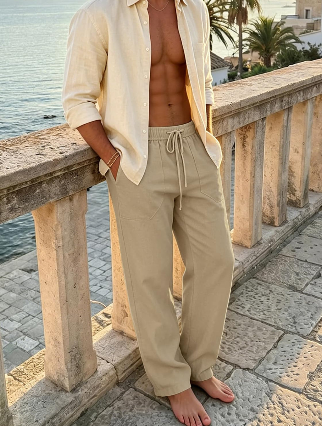 Puimentiua Cotton Linen Pants Men Casual Loose Fit Elastic Drawstring Waist Summer Beach Pants(Coffee,L)