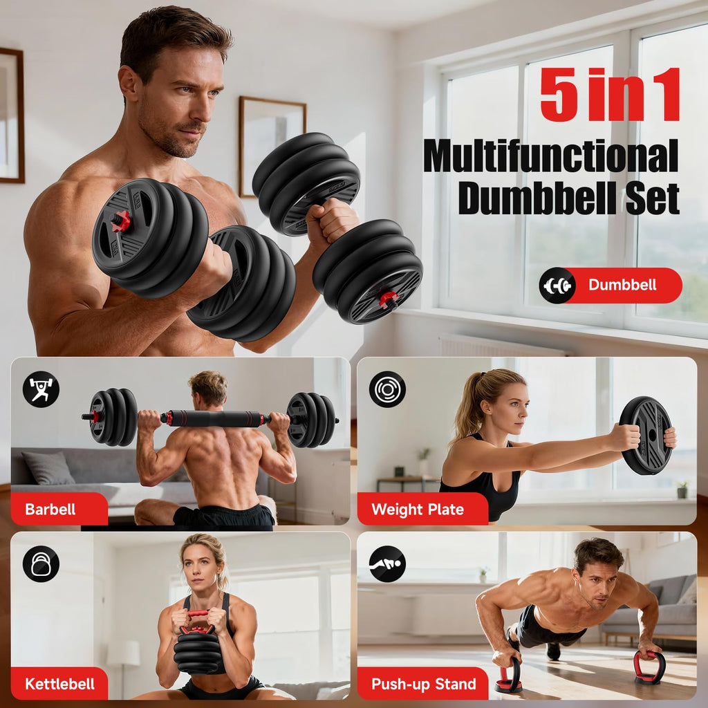 Cvonte Adjustable Dumbbell Set, 45lbs Free Weight Set With Double Locknut, 5-in-1 Dumbbells Set Includes Barbell, Kettlebells, Push up Stand, Fitness Exercise for Home Gym Suitable Men/Women
