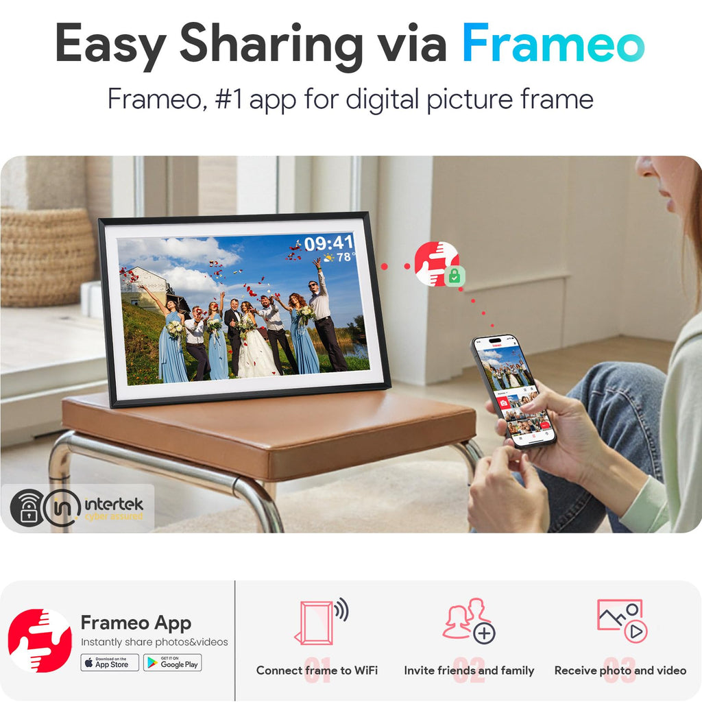 Skyrhyme 15.6'' Digital Picture Frame with 1920x1080 IPS Touch Screen, 32GB Frameo WiFi Digital Photo Frame, Share Photos/Videos and Send Best Wishes via Free App