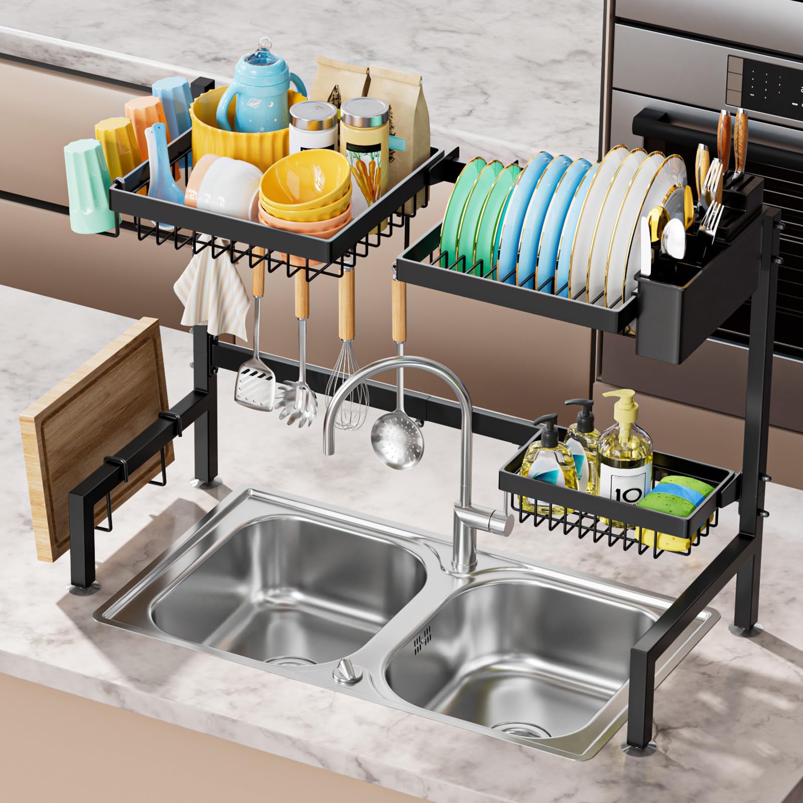YKLSLH Over The Sink Dish Drying Rack 2 Tiers, for All Sinks (26.57"-35"),Expandable Large Capacity Sink Rack, Metal Drying Rack for Kitchen and Family Use