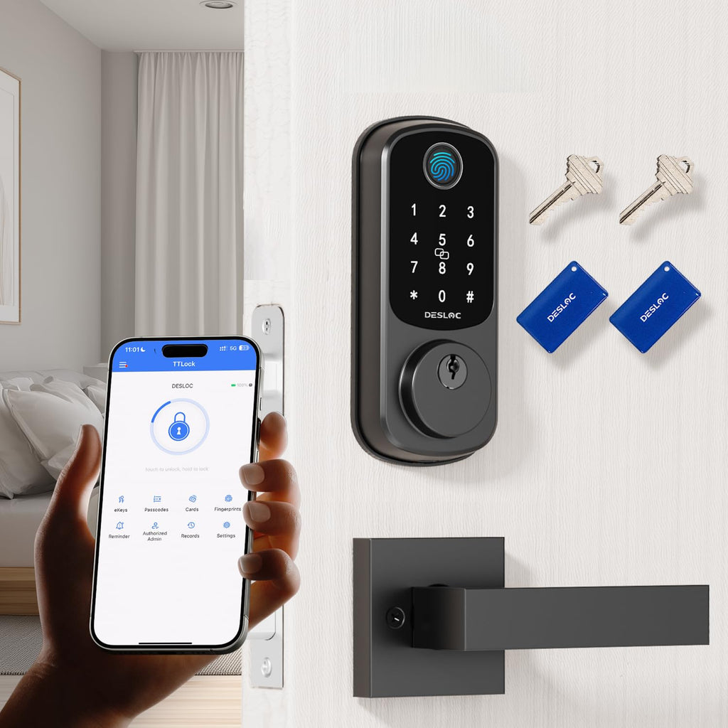 DESLOC B200 Fingerprint Smart Lock with 2 Lever Handles, Keyless Entry Front Door Lock Set, Electronic Keypad Deadbolt, App Control, Auto Lock, Long Battery Life, Secure Home Access