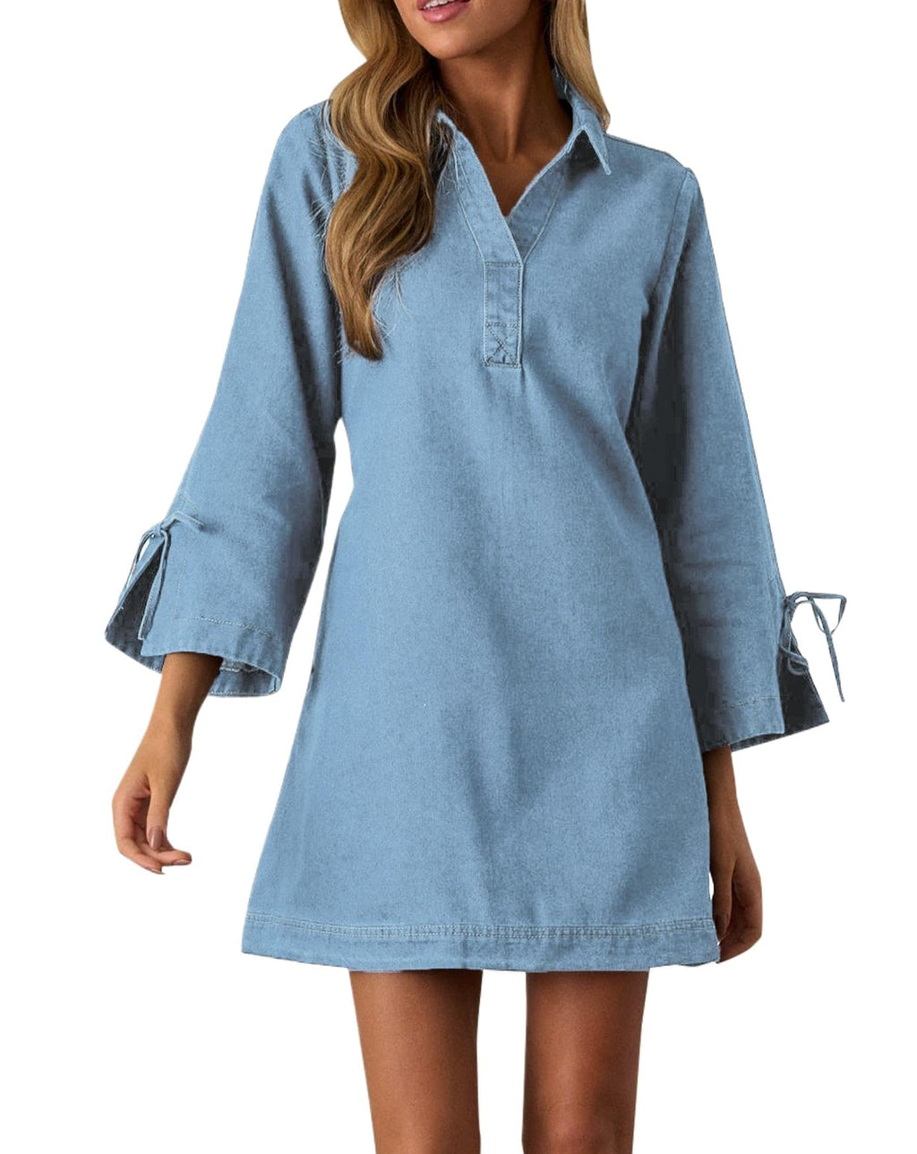 Womens Denim Shirt Dress Collared V Neck Bell Long Sleeve Mini Casual A-line Jean Dresses with Bow Light Blue
