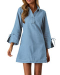 Womens Denim Shirt Dress Collared V Neck Bell Long Sleeve Mini Casual A-line Jean Dresses with Bow Light Blue