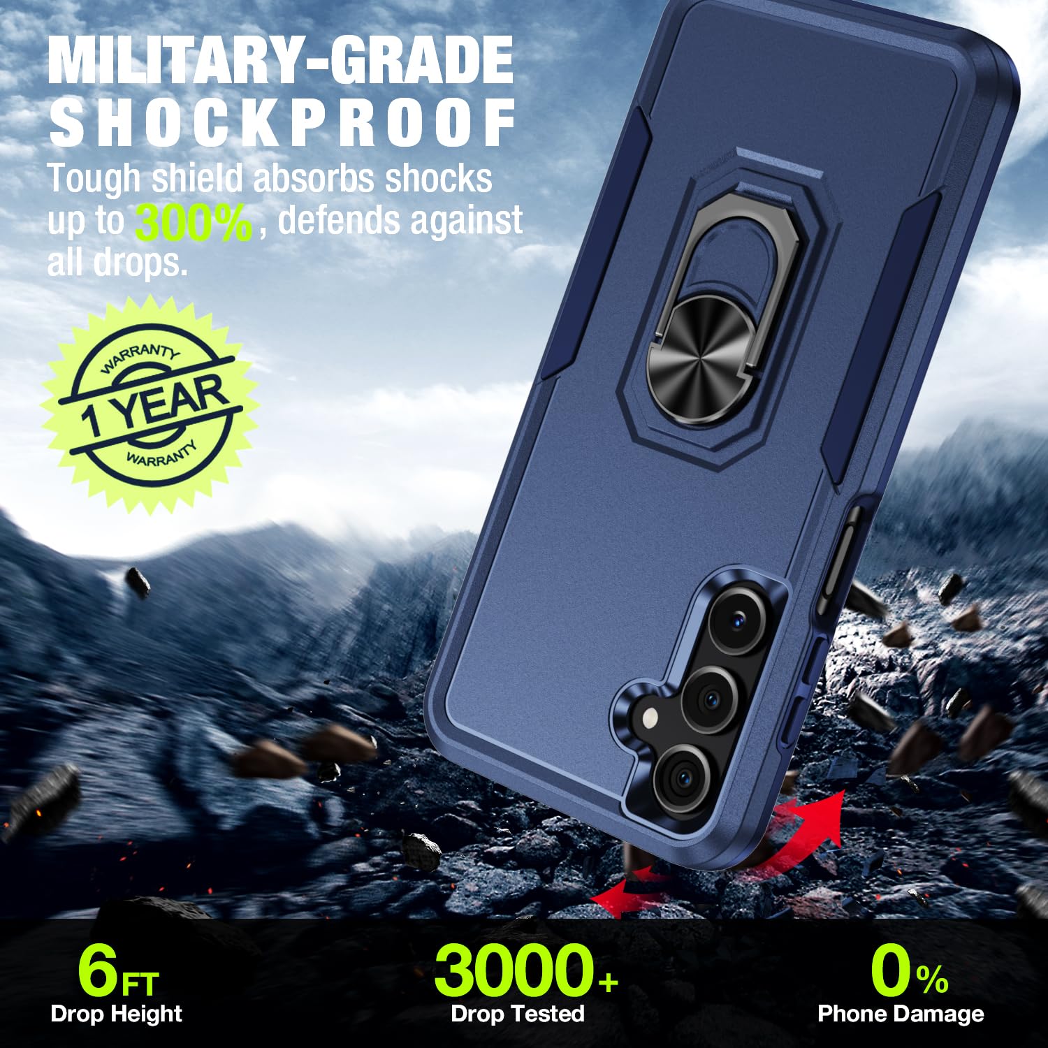 for Samsung Galaxy A26 5G Phone Case [15 FT Military Grade Drop Protection] with 2x Tempered Glass Screen Protector, Heavy-Duty Shockproof Magnetic Kickstand Case for Galaxy A26 5G (Dark Blue)