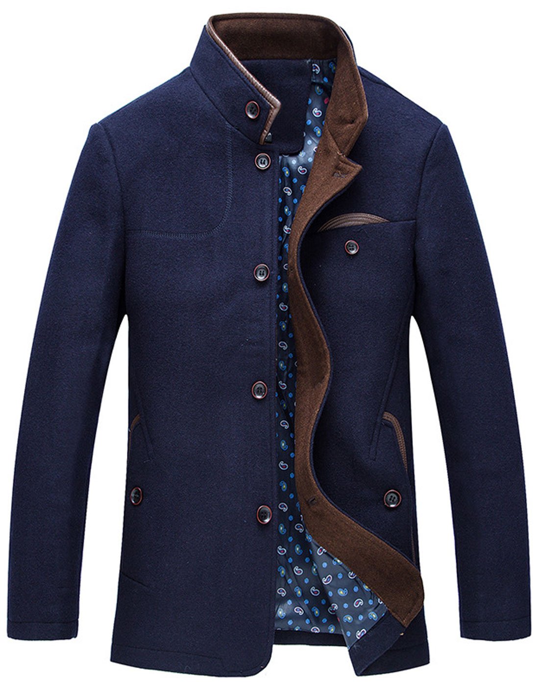 chouyatou Men's Gentle Band Collar Single Breasted Wool Blend Pea Coat (NavyBlue, Small)