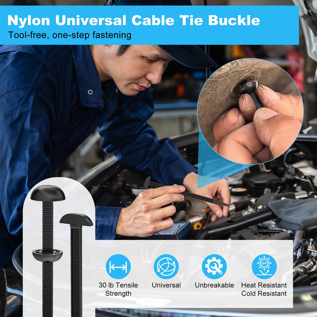50Pcs Nylon Universal Cable Tie Buckle for Car, Upgraded Automotive Zipper Clips, Heavy Duty Self-Locking Zip Ties Holder with Pin & Button,Top Movable Dome Design
