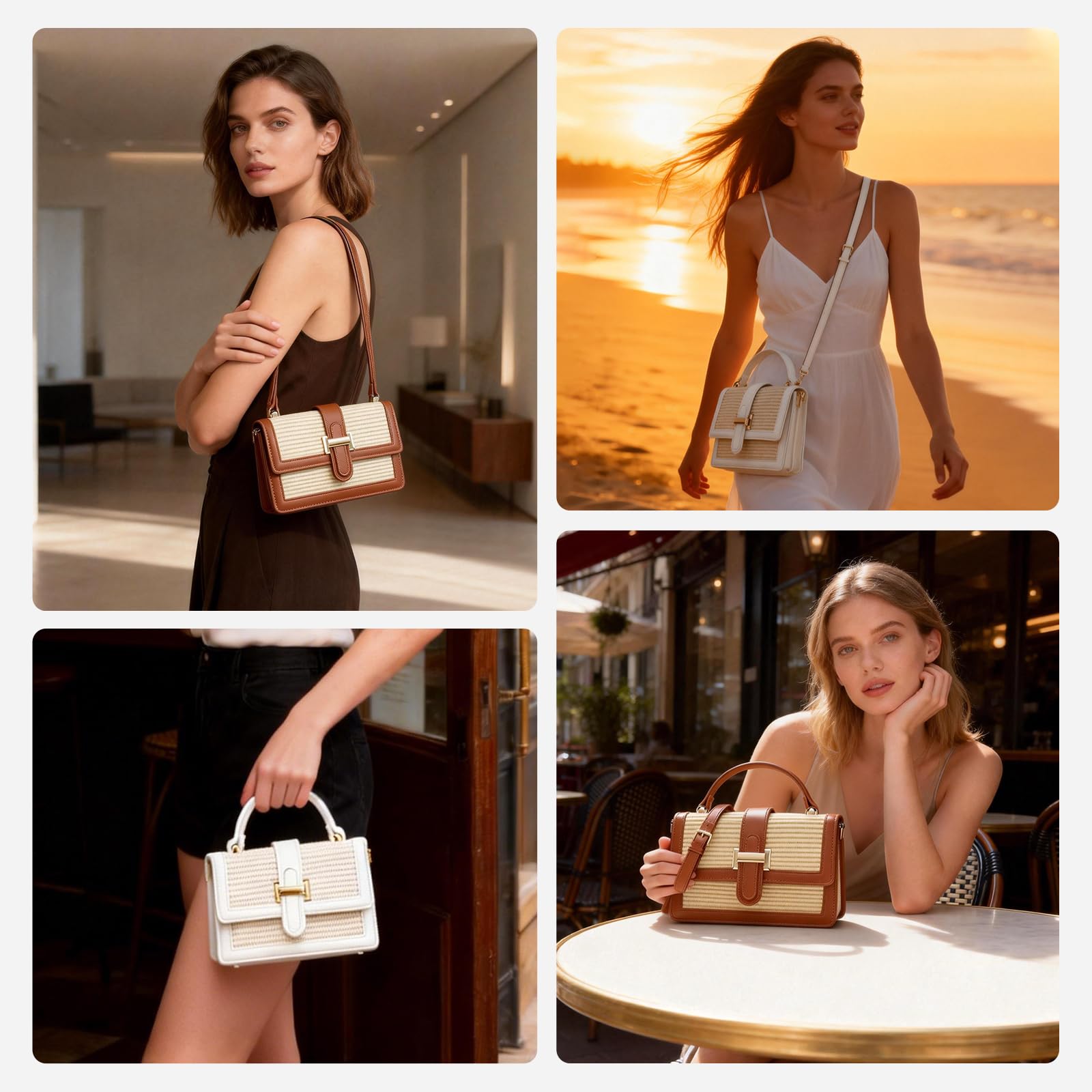 Straw Crossbody Bag for Women, Vegan Leather Patchwork Summer Purse with Top Handle, Small Woven Shoulder Handbag for Beach Vacation, Wedding, or Casual Daily Use