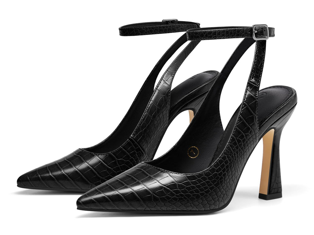 Coutgo Womens Closed Toe High Heels Slingback Pointed Toe Pumps Ankle Strap Dress Shoes, Black, Size 6