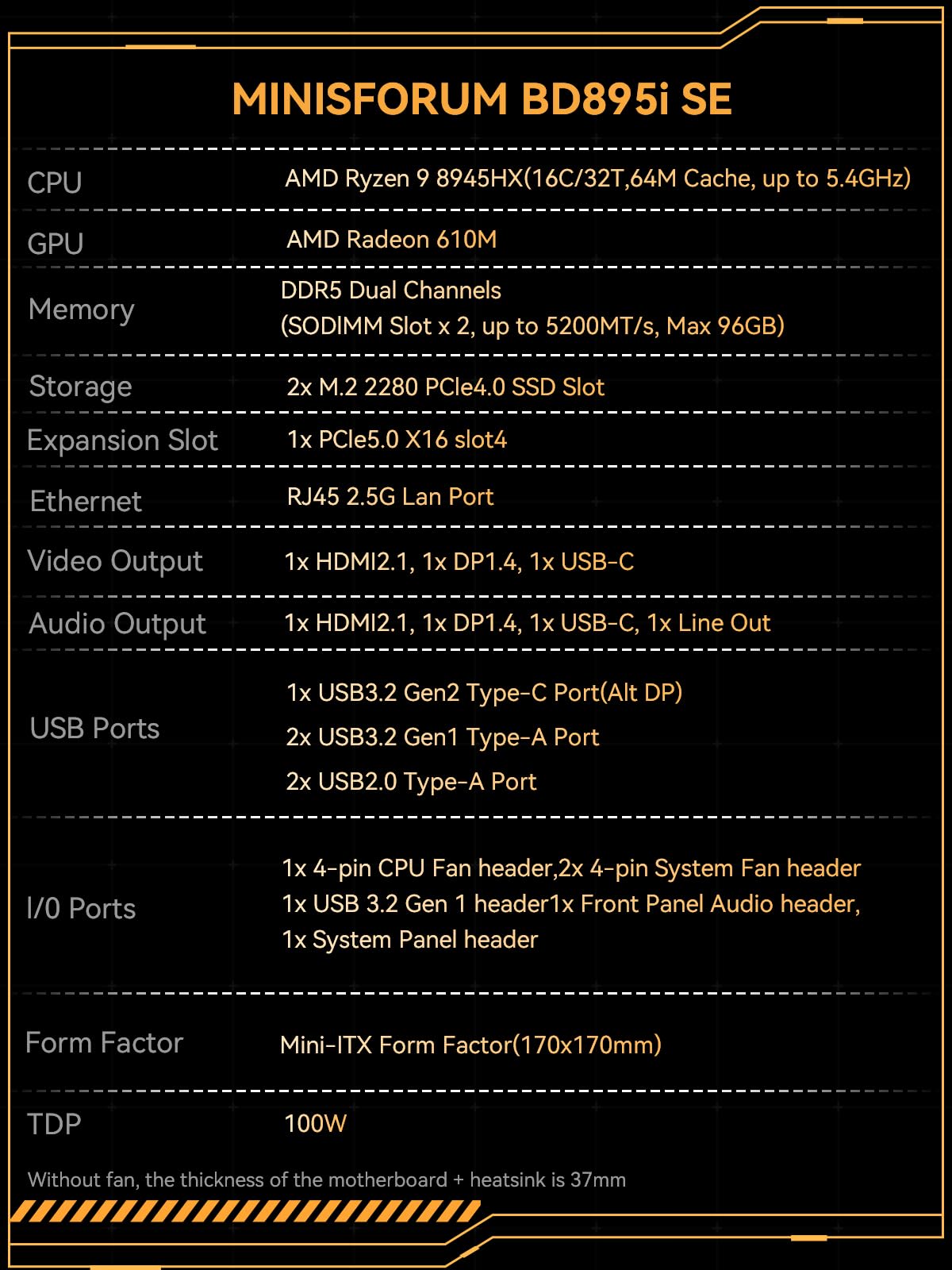 MINISFORUM Motherboard BD895i SE Mini ITX NAS Motherboard, AMD Ryzen 9 8945HX,16 C/32 T,PCIe 5.0 x16 Slot, Dual PCIe4.0 M.2 Support, DDR5,8K Triple Output(HDMI/DP/USB-C), RJ45 2.5G, USB 3.2