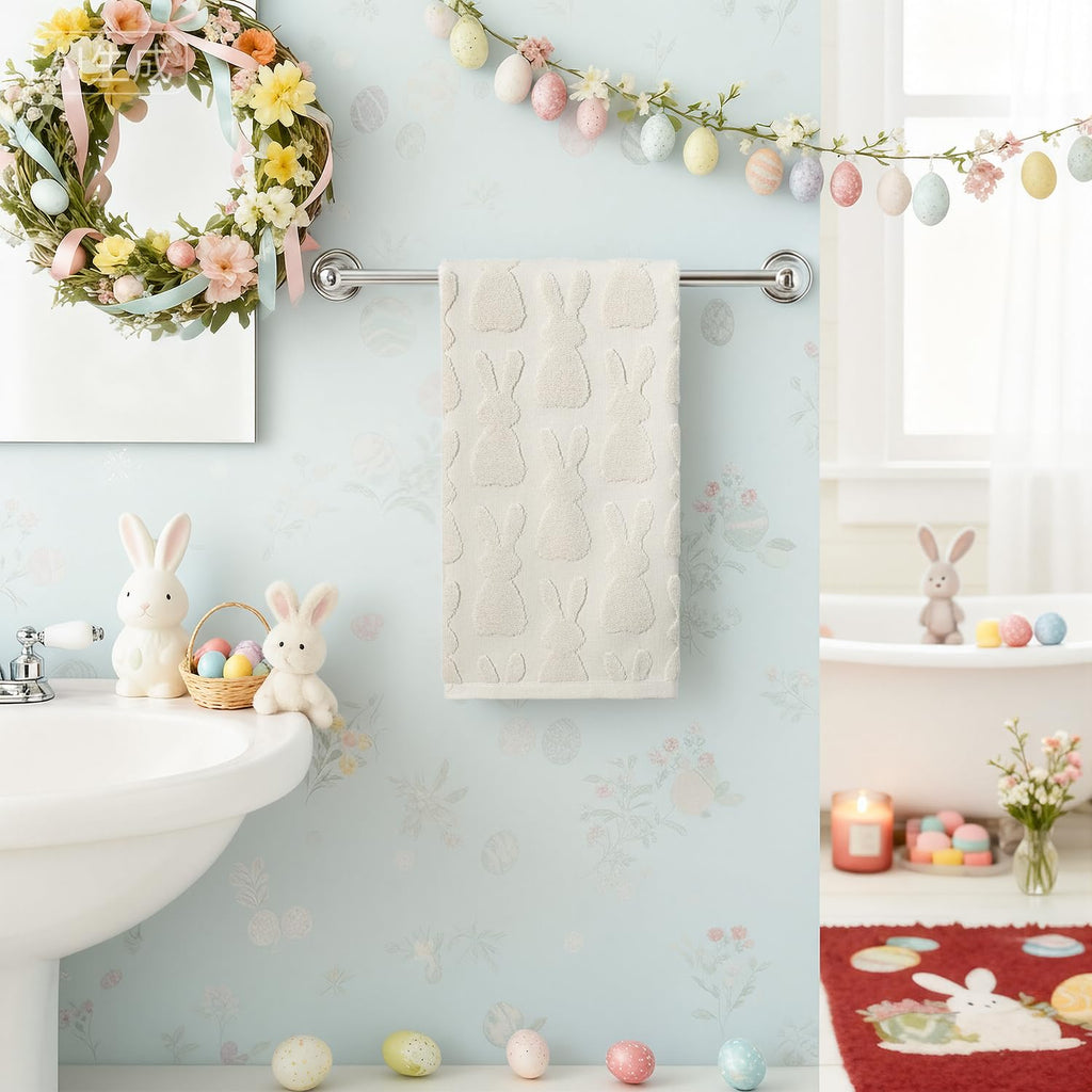 Artoid Mode 1 Pc Beige 3D Rabbit Jacquard Easter Hand Towels for Bathroom, 100% Cotton Soft Absorbent Bathroom Decor Towels, 13.7 x 29.5 Inch