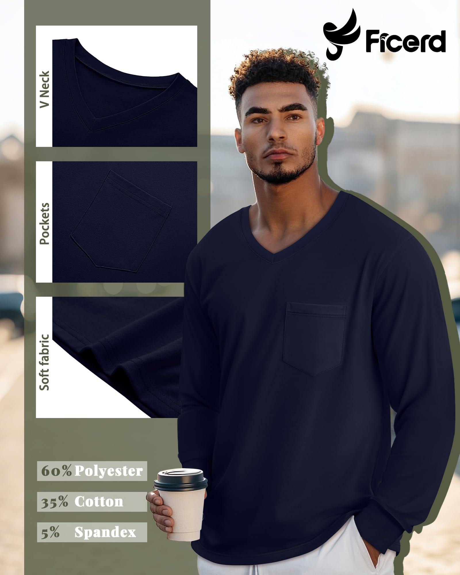 Ficerd 3 Pack Men's Big and Tall V Neck Shirts with Pocket Long Sleeve Plus Size Tops Basic Casual Loose Fall Tee(Black, Heather Gray, Navy Blue,X-Large)