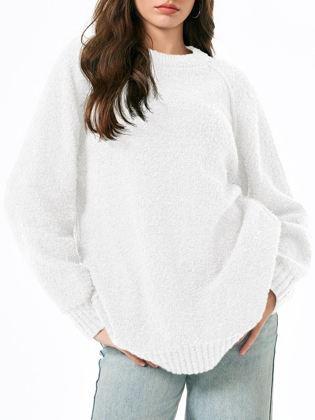 Saodimallsu Womens Oversized Sweater 2025 Fall Trendy Fuzzy Crew Neck Long Sleeve Casual Tunic Sweaters White
