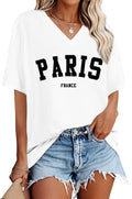 Oversized Tshirts for Women V Neck Short Sleeve Summer Casual Basic Loose Tops, White Black Letters, L