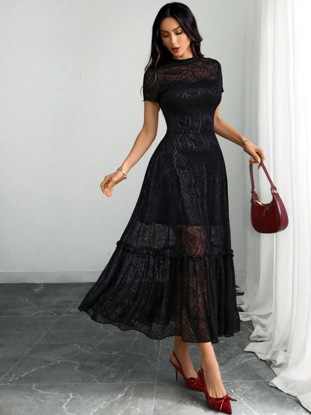 GothDark Womens Elegant Vintage Floral Lace Dress Short Sleeve Double Layer Gothic Midi Wedding Guest Cocktail Dresses Black