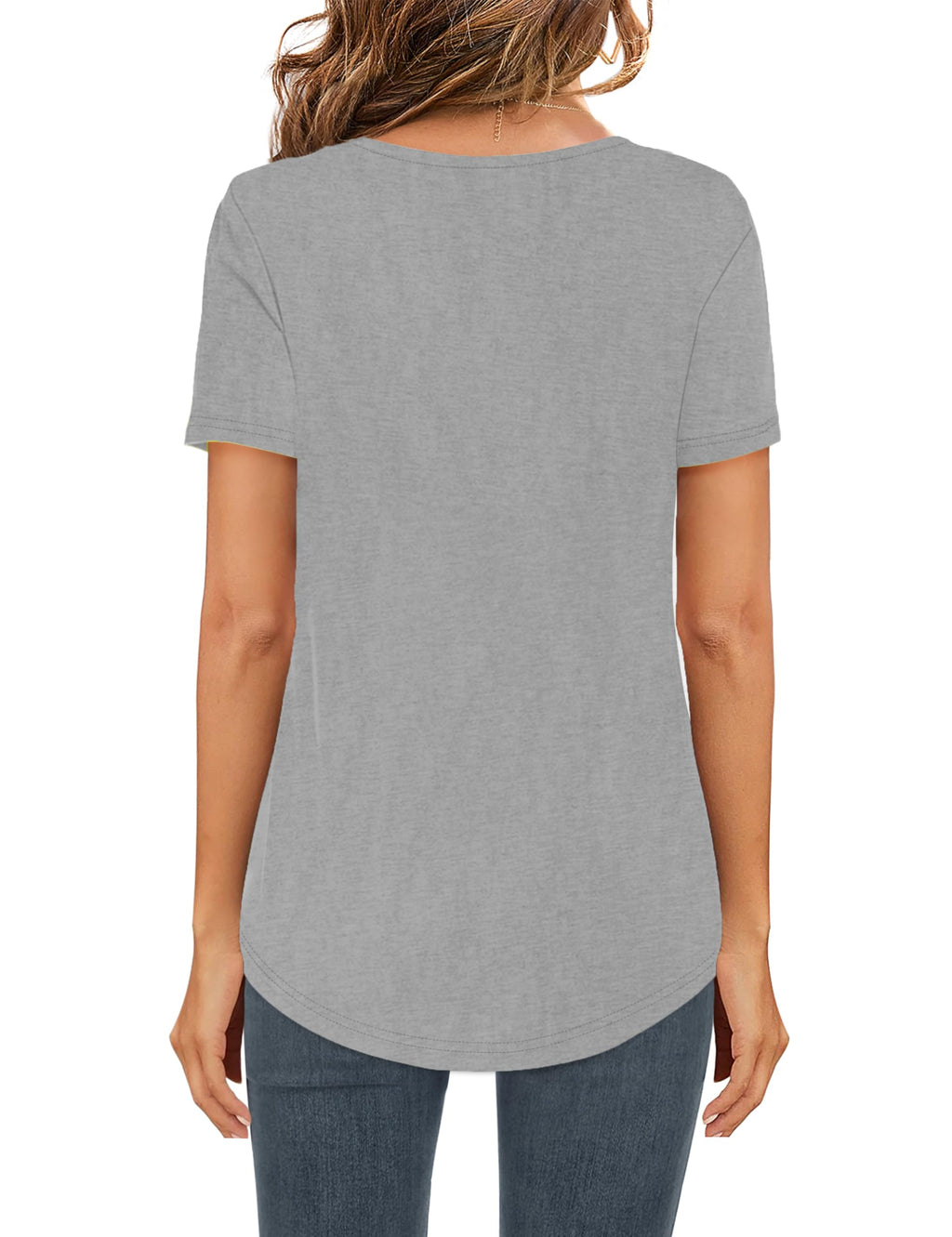 Elesomo Women Tops Casual Short Sleeve V Neck Curved Hem Cotton Tee Shirts, Grey L