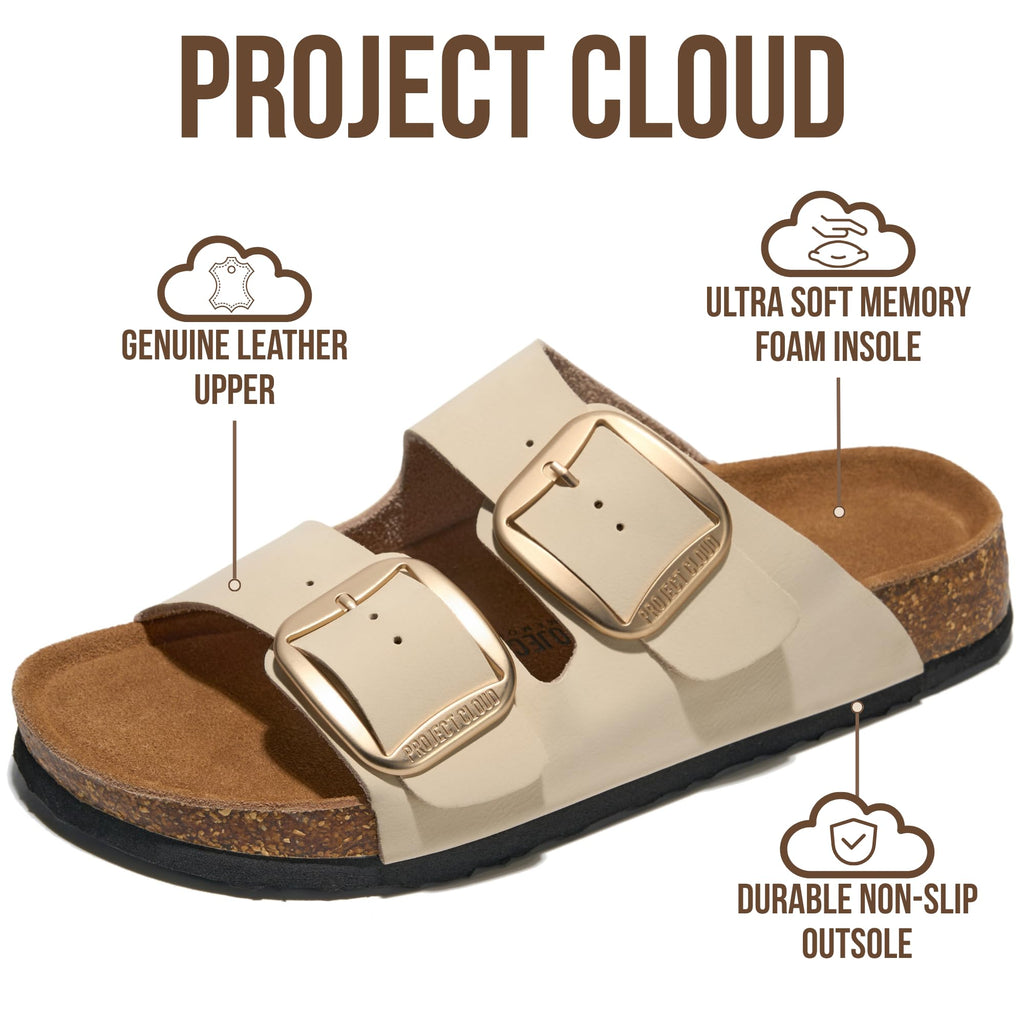 Project Cloud Genuine Leather Flat Sandals for Women 2026 Comfortable Beach Essentials Womens Sandals Memory Foam Vacation Essentials Slides for Women Footwear (Santorini, CREVLEA,10M)