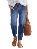 Flamingals Straight Leg Button Fly Jeans for Women Multi Pocket Mid Rise Jeans Without Belt Barrel Pants 27" Inseam Mid Blue L