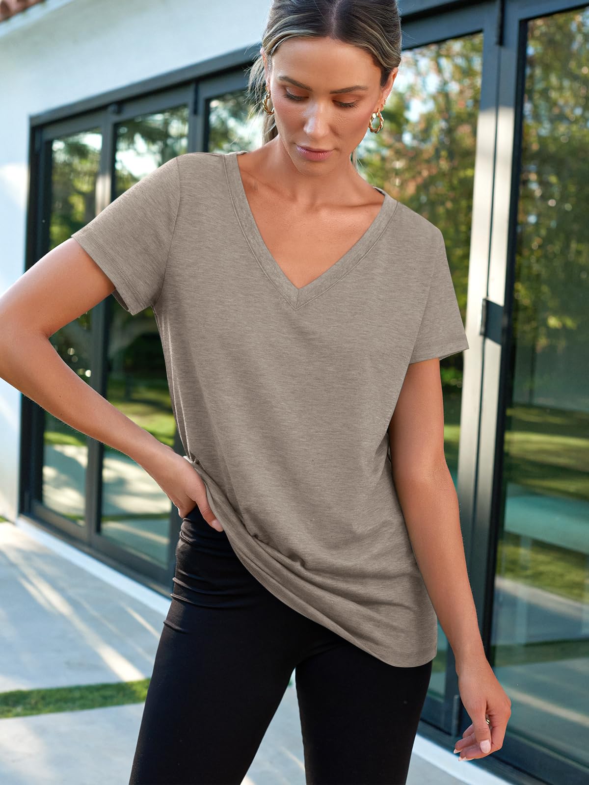 AUTOMET T-Shirts Short Sleeve V Neck Tees Tops for Women Fashion Trendy Lightweight Soft Casual Summer Outfits Clothes 2026 CoffeGrey XL