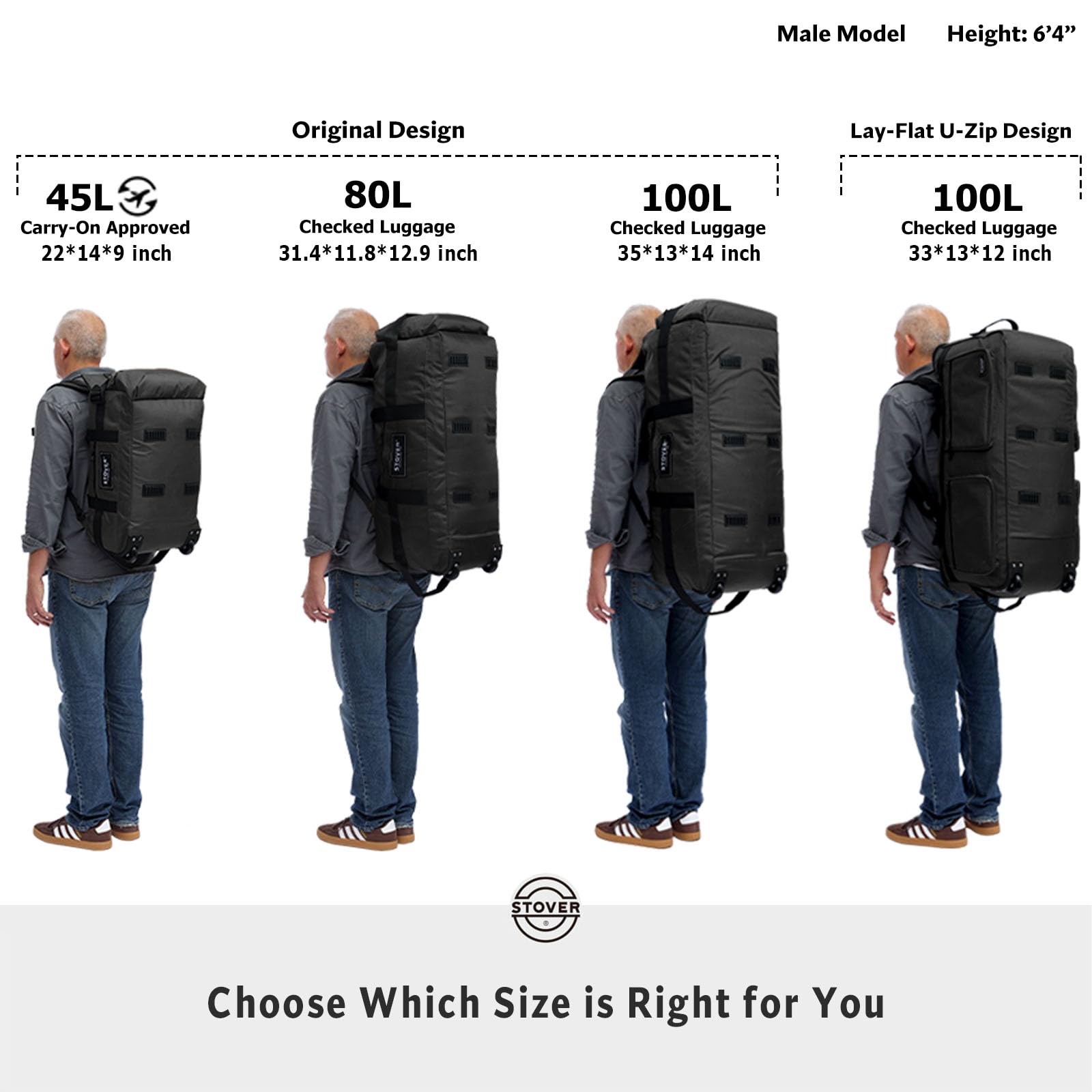 STOVER 45/80/100L Rolling Duffel Bag with Wheels, X-Large Durable Travel Duffle + Toiletry Bag, Heavy Duty, Packable with Shoulder Straps- Use as Luggage or Backpack (Camouflage)