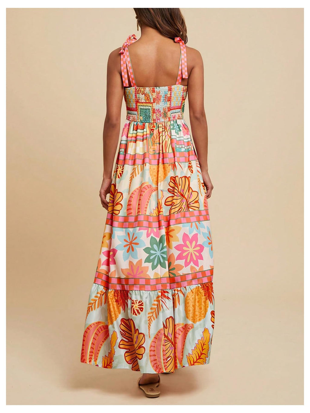 WDIRARA Women's Boho Floral Sleeveless Ruffle Maxi Dress Tropical Graphic Tie Shoulder Smocked Cami Dresses Multicolor Orange Small
