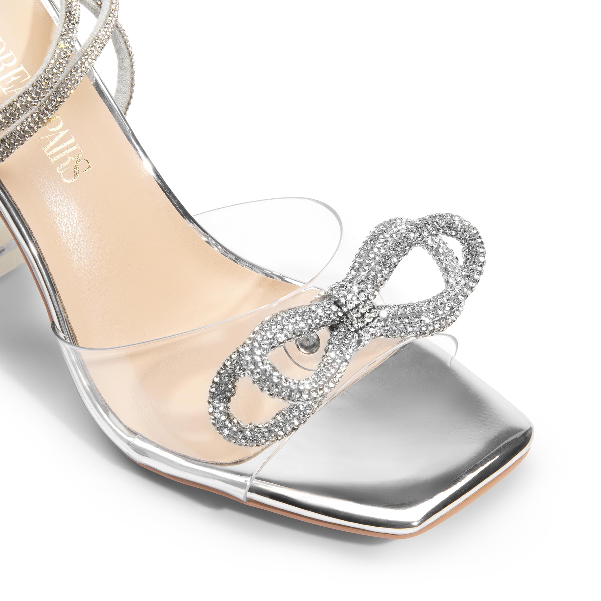 DREAM PAIRS Stiletto Bow Heels for Women Strappy Sparkly Rhinestone Square Toe Clear Crystal High Sandals for Party Wedding,Size 8,Silver-Pu,SDHS2481W