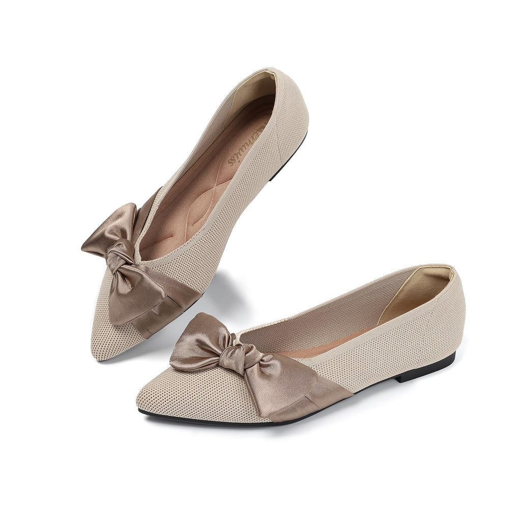 Semwiss Pointed Toe Ballet Flats for Women Slip On Comfortable Flats with Bow Dressy Casual Work Shoes Beige Size 8