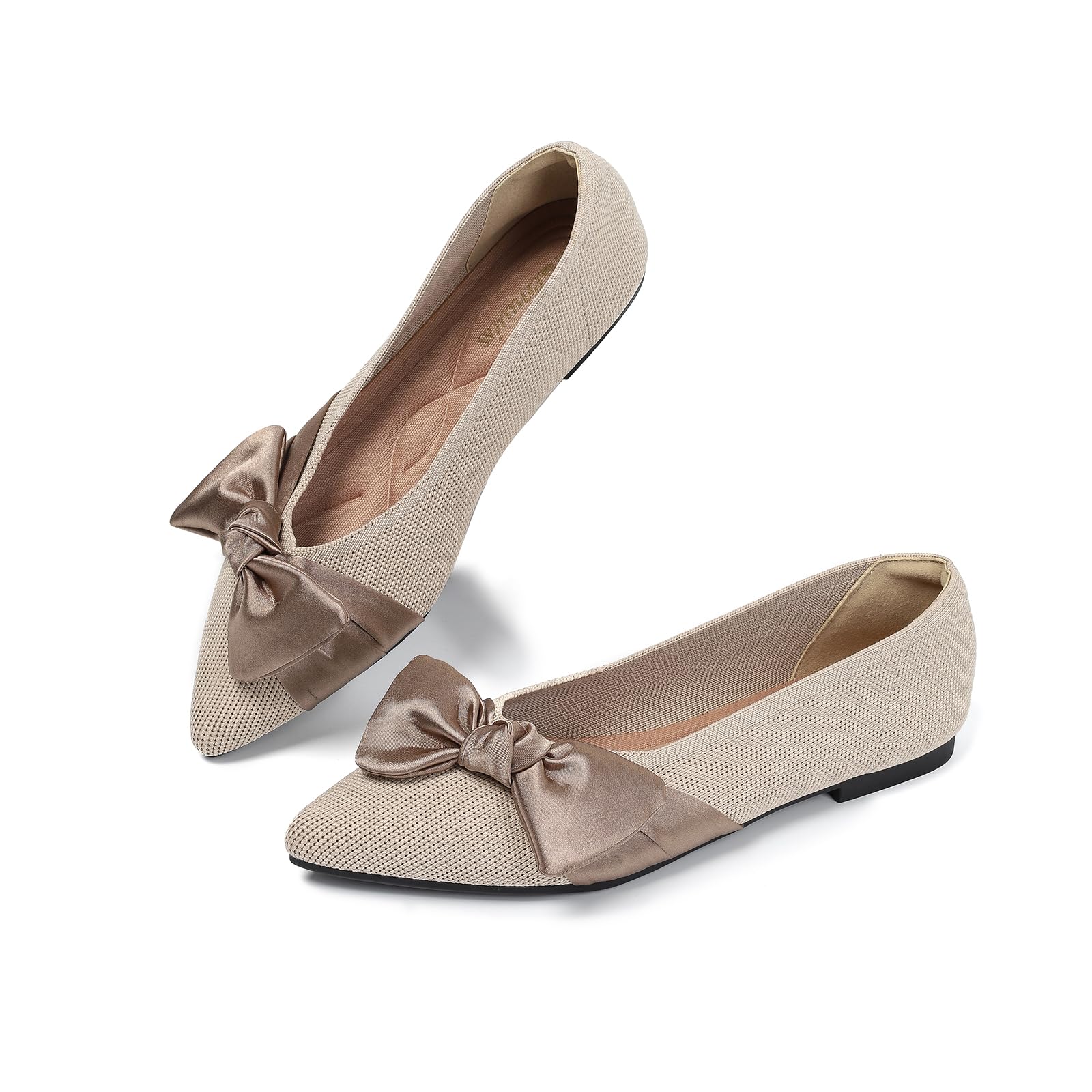 Semwiss Pointed Toe Ballet Flats for Women Slip On Comfortable Flats with Bow Dressy Casual Work Shoes Beige Size 8