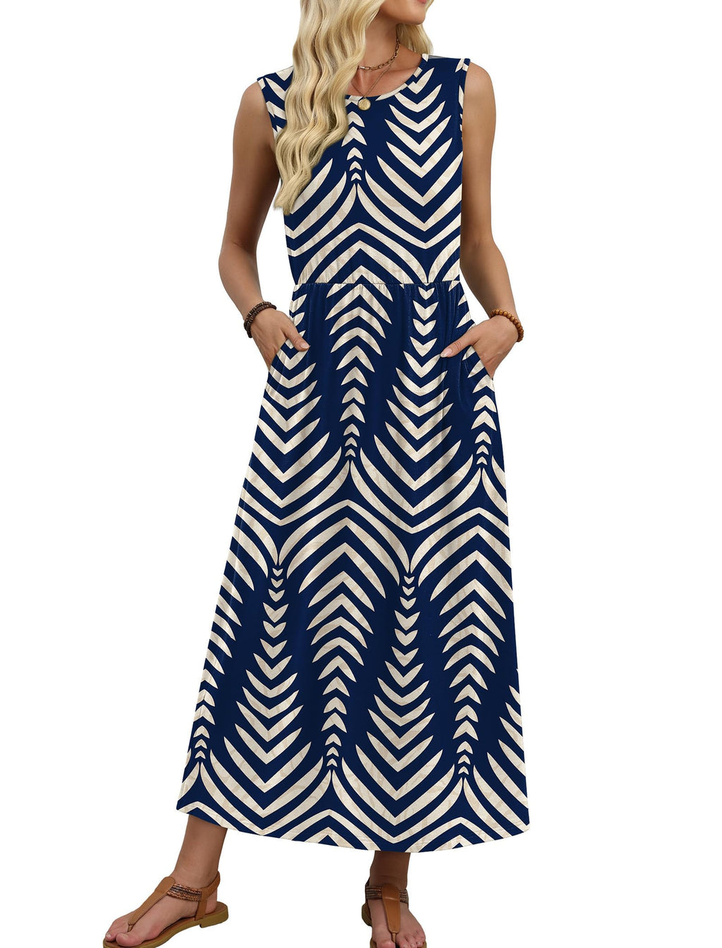 Casual Dresses for Women Long Maxi Sun Dresses Sleeveless Boho Summer Wedding Guest Dresses Beach Vacation Clothes Spring Fashion Clothing Navy Striped XL
