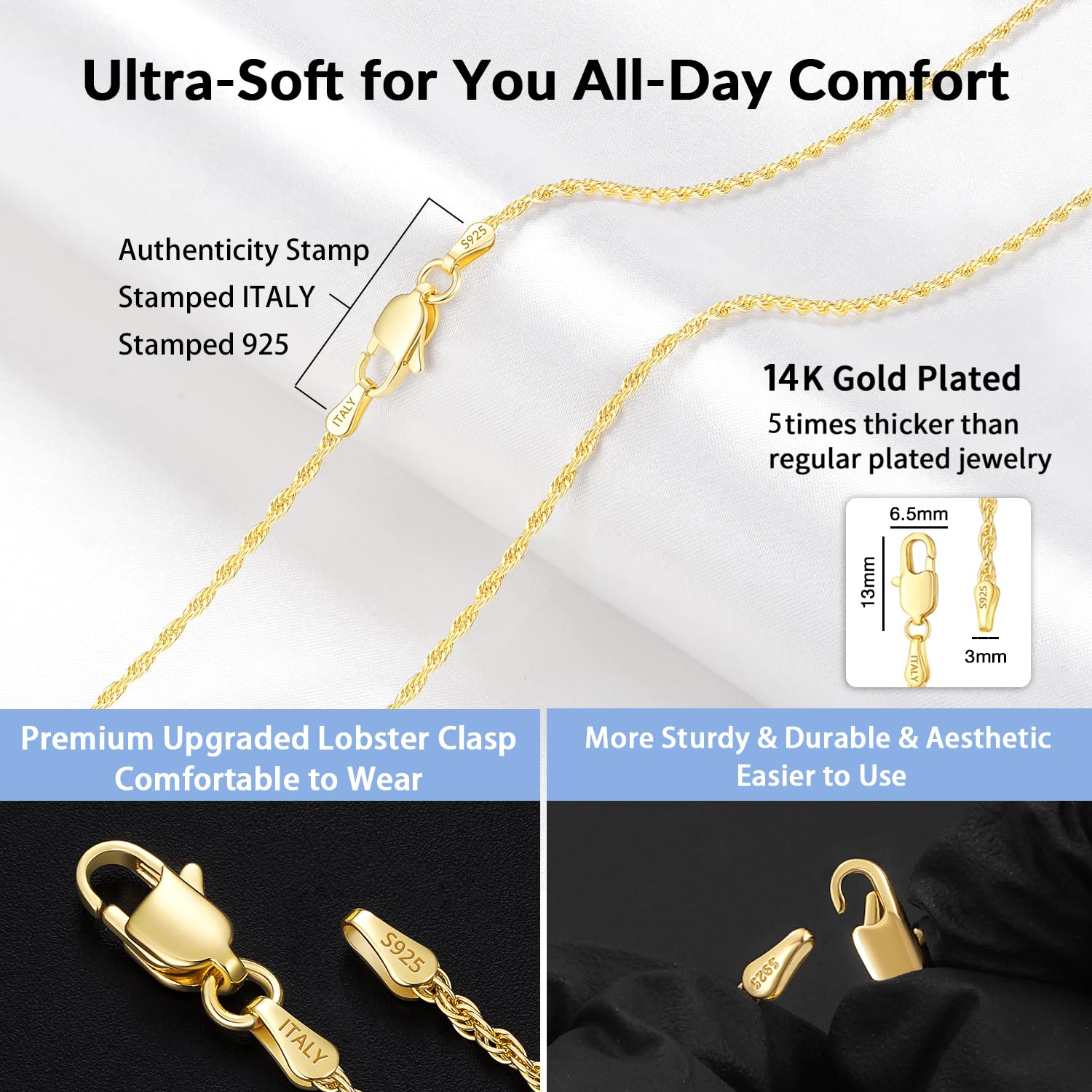Jewlpire 14K Gold Plated Chain Necklace for Women, 2MM Rope Chains 14K Gold Plated Chain for Women Classic & Sturdy Women's Chains Necklace, 26 Inch