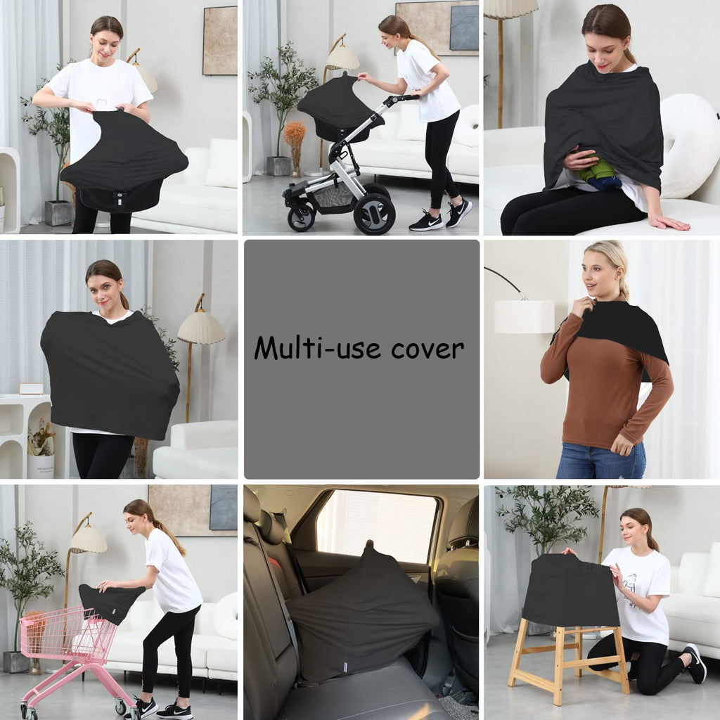 Carseat Covers for Baby Breastfeeding – Multi use Car Seat Canopy Cover, Infant Stroller Canopy Cover for Boy and Girls (Black Print)