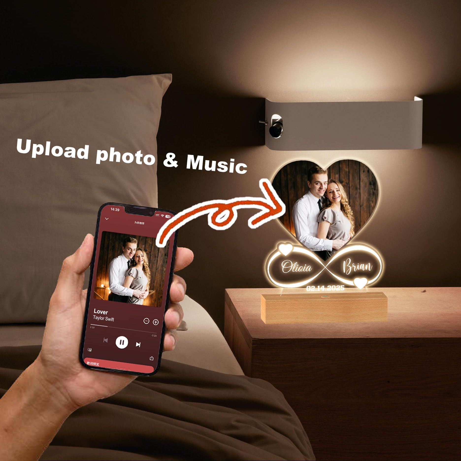 Custom Music Frame with Picture,Personalized Photo Frame with Sensor Night Light & Music Player,Personalized Anniversary/Wedding/Valentine's Gift for Couples Women Men Her Him Mom Family