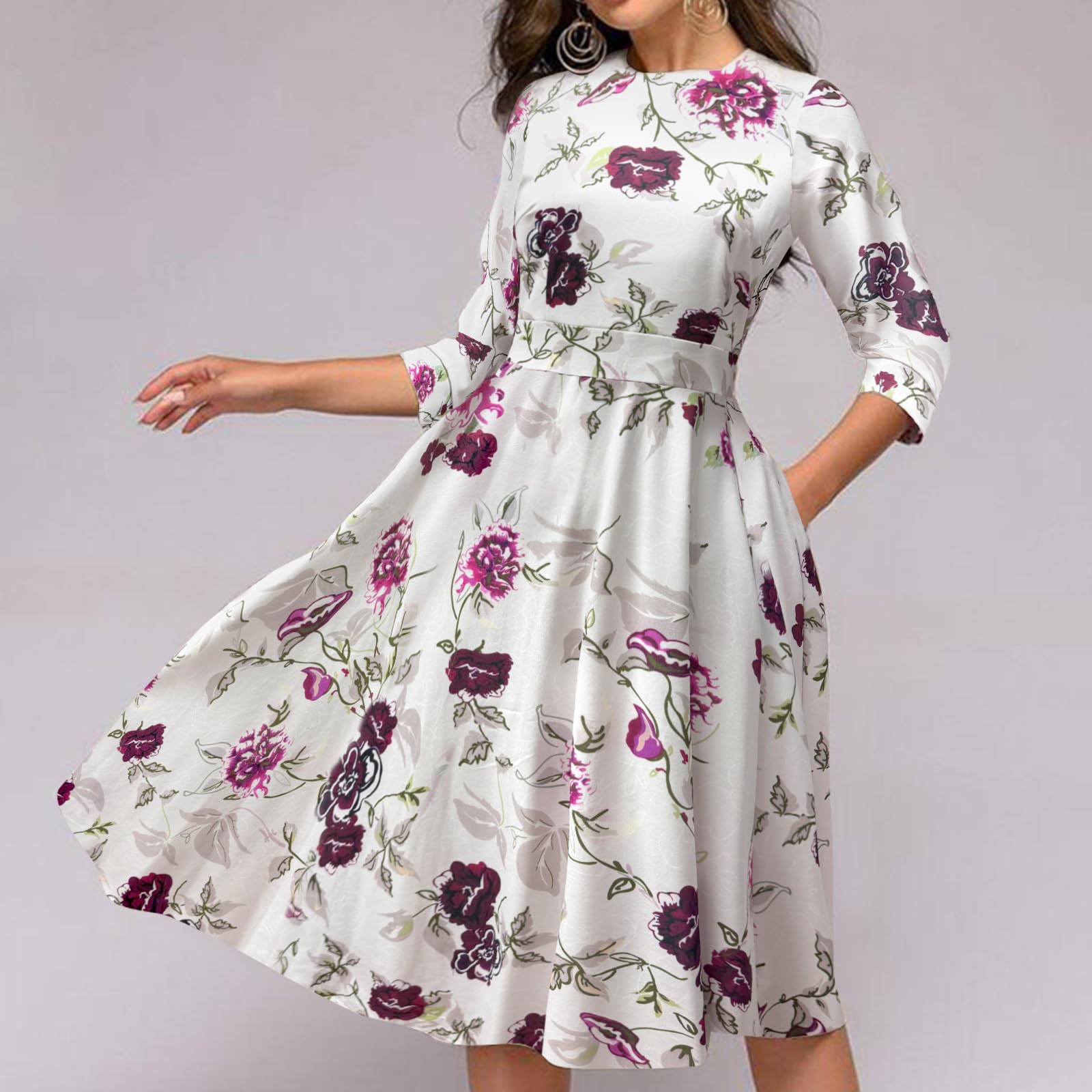 Simple Flavor Women's Floral Vintage Dress Elegant Autumn Midi Evening Dress 3/4 Sleeves (Beige, M)