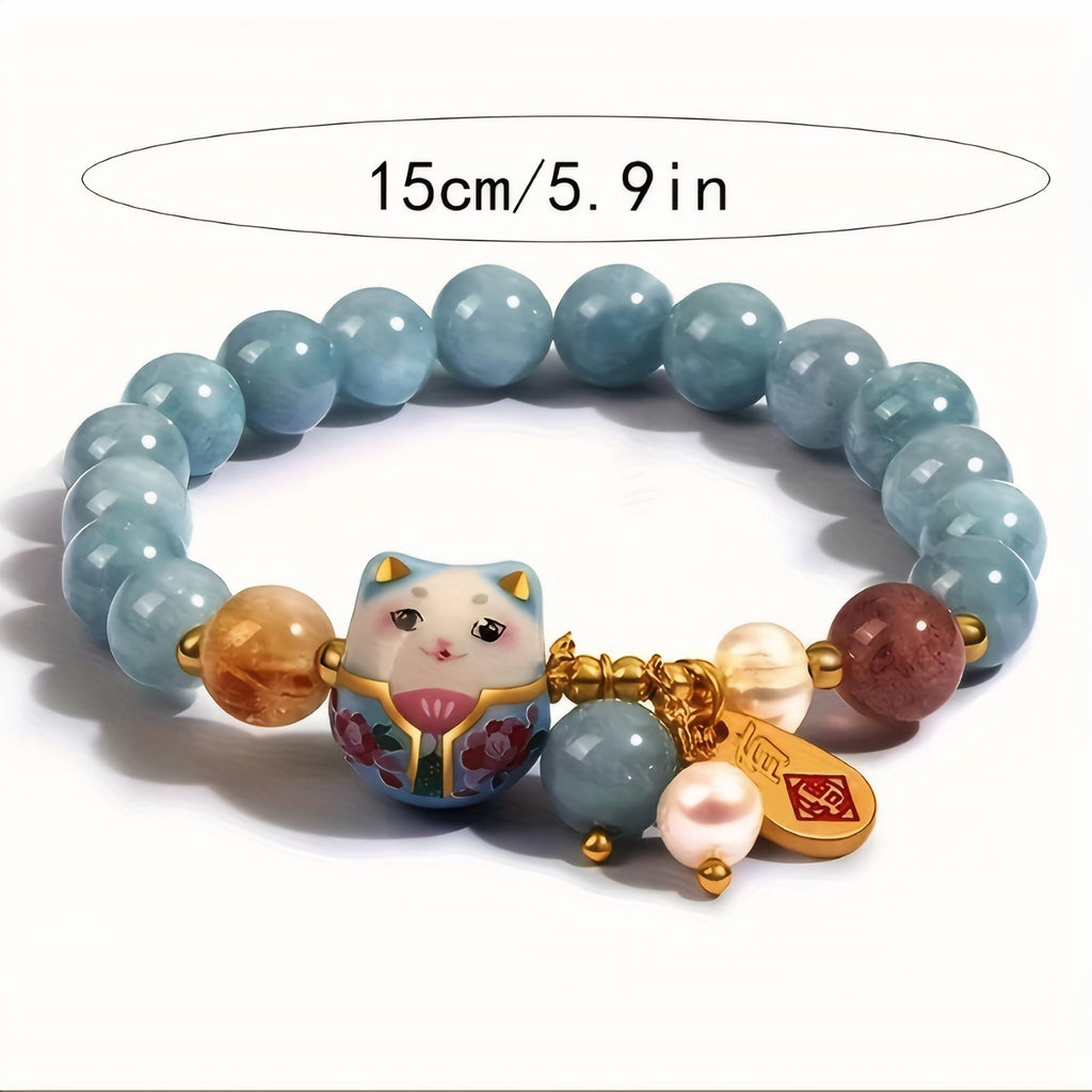 Lucky Cat Bracelet with Blue Crystal, Ceramic Cat Pendant, Feng Shui Good Luck Jewelry for Women, Wealth & Protection Bracelet