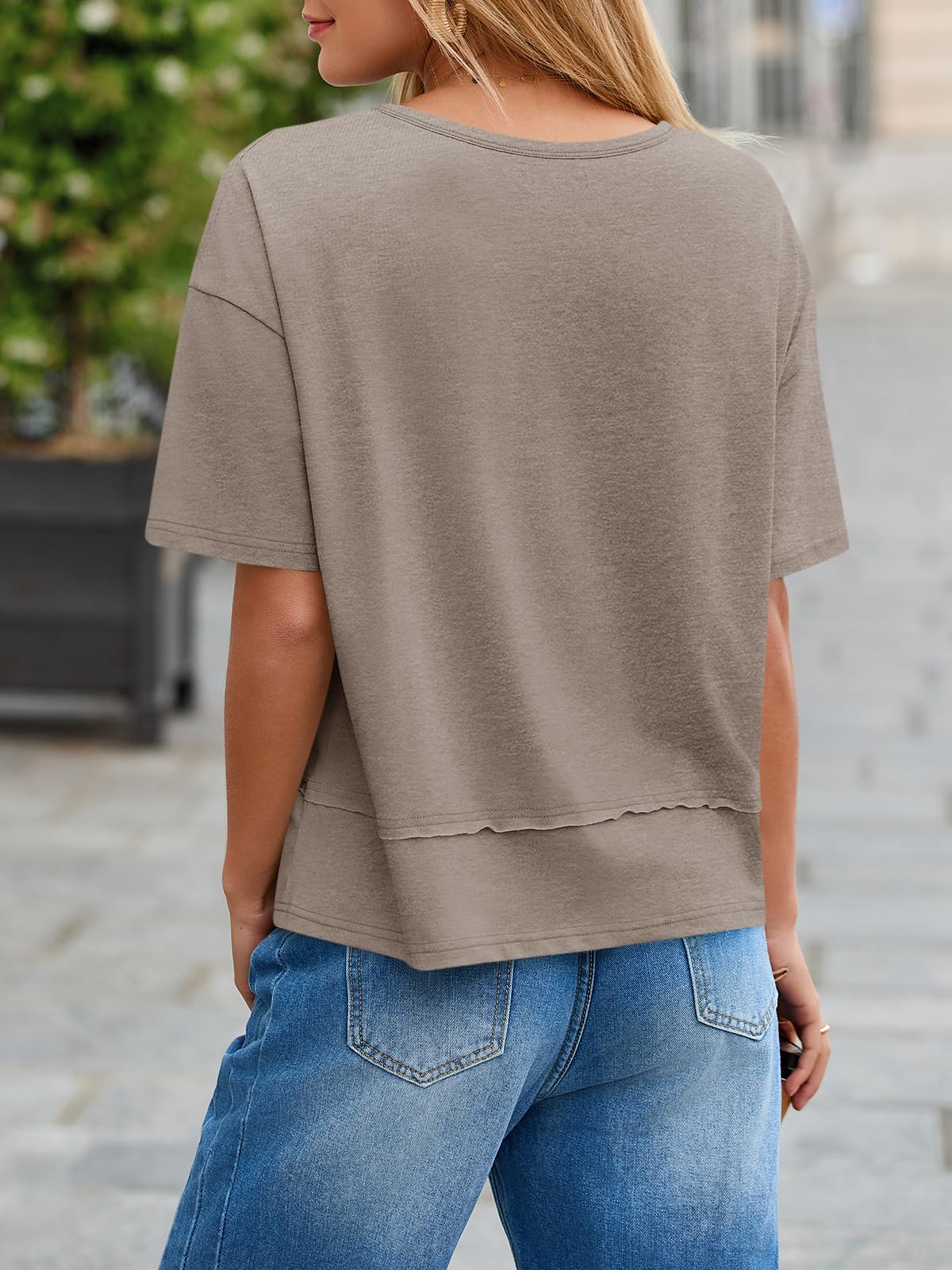 Cicy Bell Womens Summer V Neck T Shirts Casual Short Sleeve Flowy Tops Cute Loose Fit Basic Tees Khaki