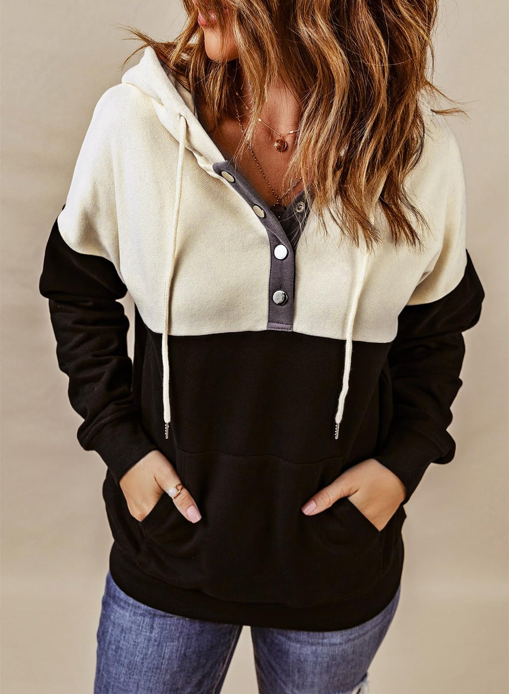 Dokotoo Womens Hoodies Oversized Sweatshirts Pullover Fleece Sweaters Button Collar Comfy Color Block Long Sleeve Hoodie Tops Casual Early Fall Fashion Winter Clothes Outfits Black Khaki Medium
