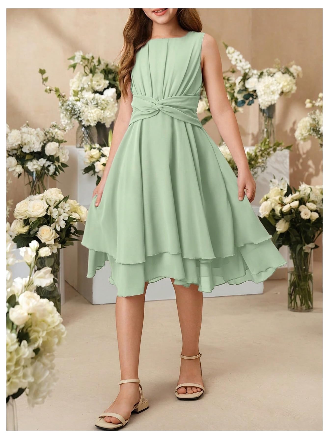 Verdusa Girl's Flower Summer Dresses Sundress Twist Ruched Ruffle Layered Flowy Birthday Wedding Guest Dress Green 10 Years