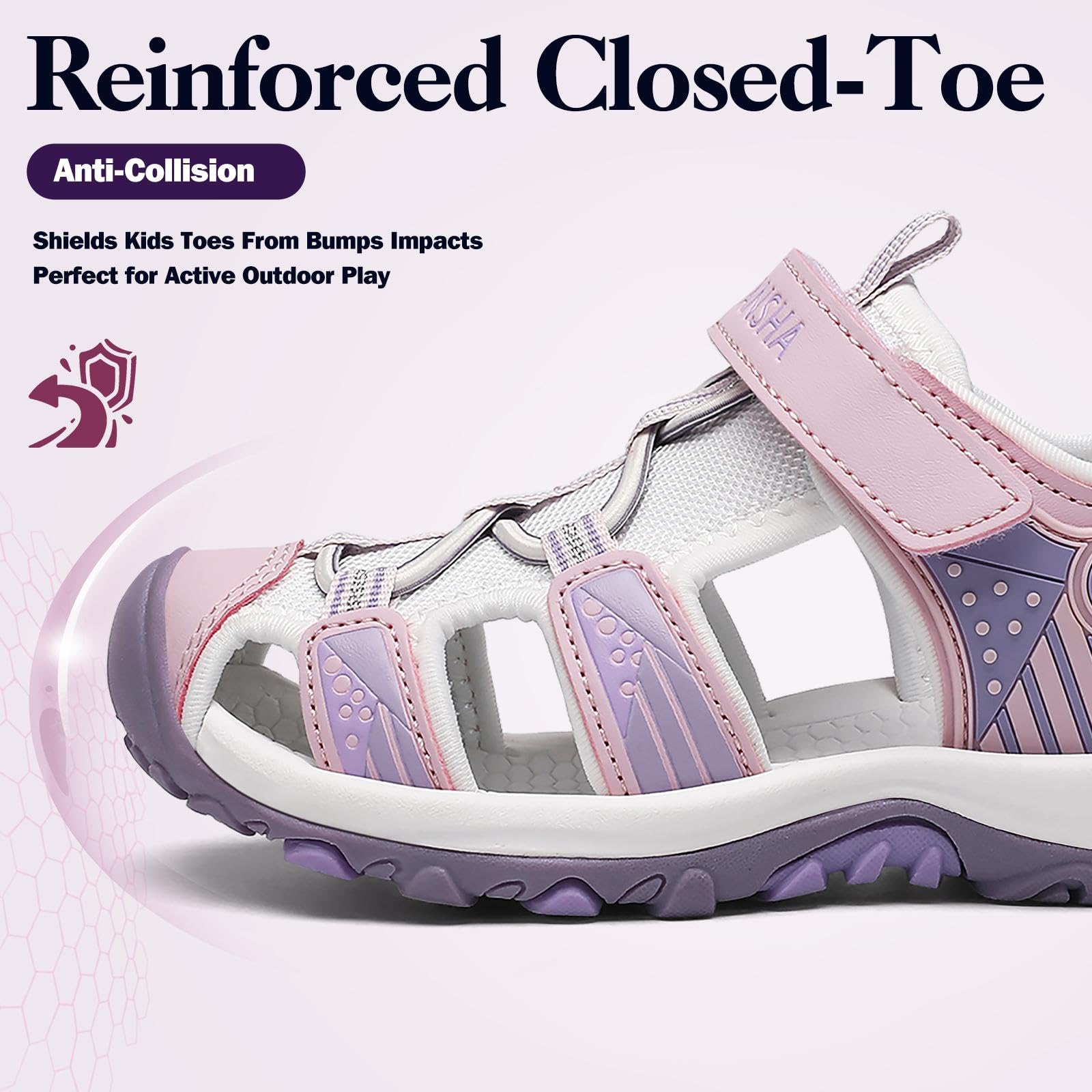Mishansha Girls Boys Hiking Sandals, Closed Toe Water Sandals for Kids, Non-Slip Lightweight Outdoor Sport Sandal with Adjustable Strap Little Kid 12 Violet