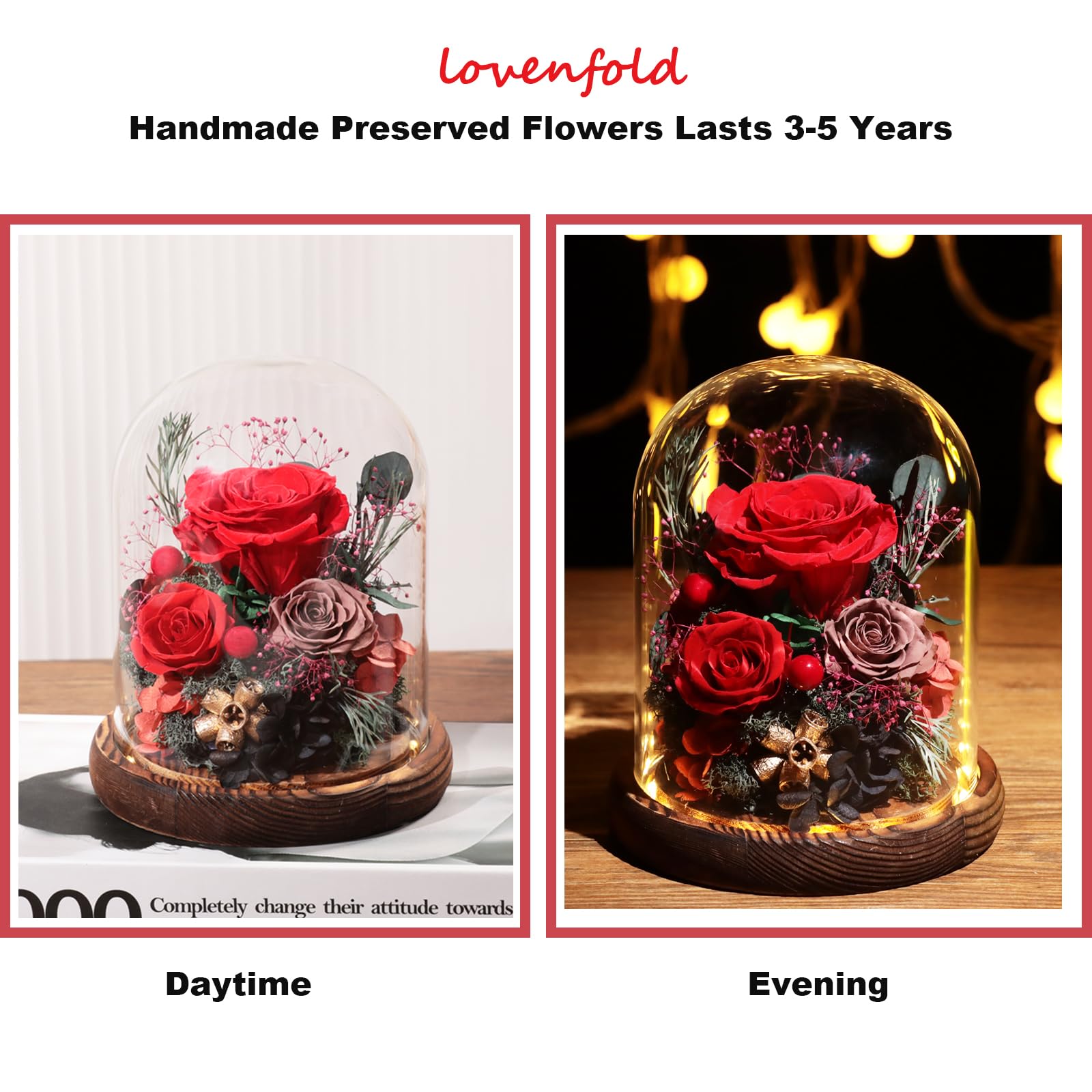 Lovenfold Flowers for Delivery Preserved Rose Gifts for Her,Long-Lasting Forever Flowers in Glass Dome,Birthday Gifts for Women Mom Wife Friend(Red Rose)