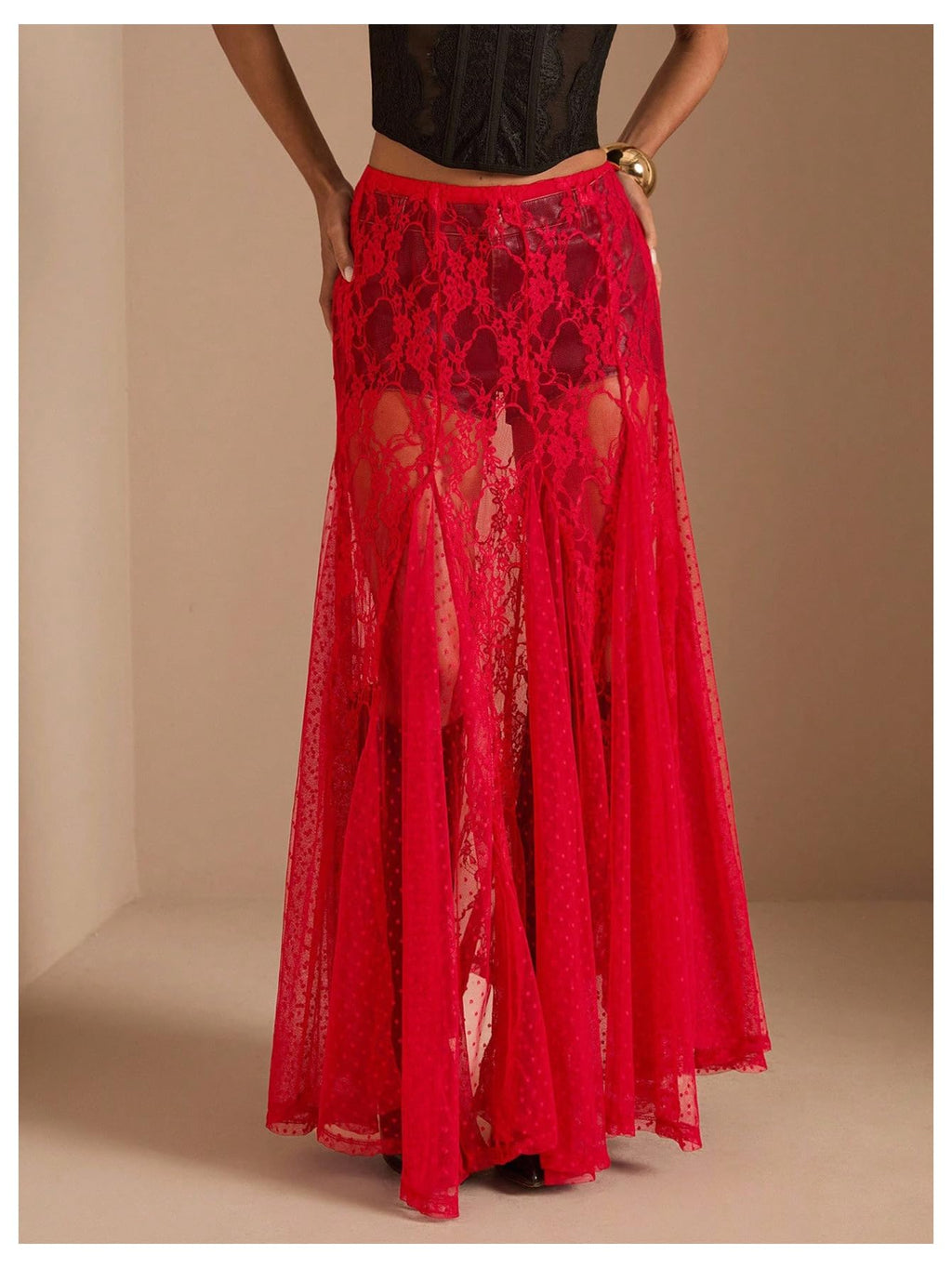 WDIRARA Women's Sexy See Through Sheer Lace Maxi Skirt Low Waist Ruffle Hem A Line Flowy Skirt Red X-Small