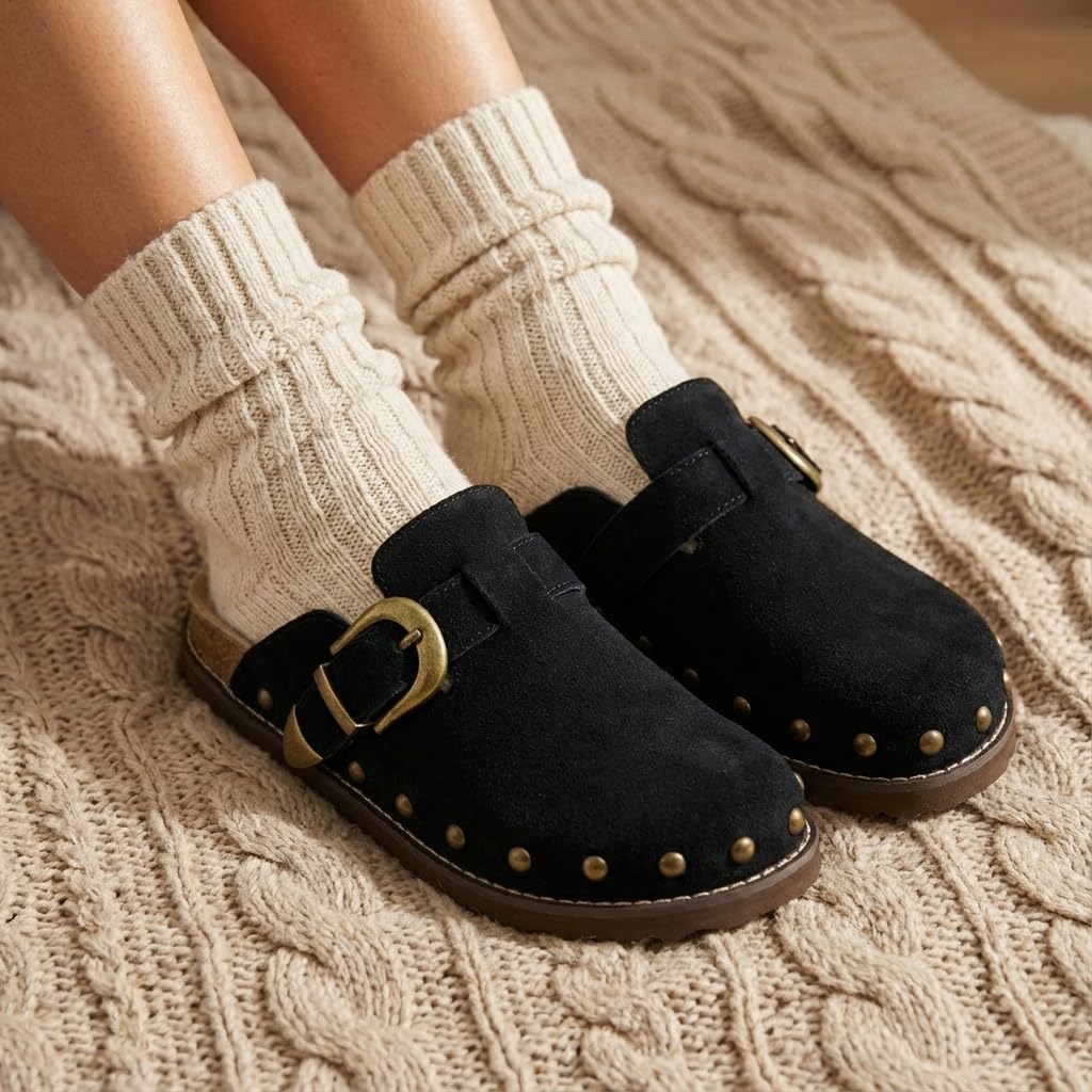 CUSHIONAIRE Bronco Slip On Mule Womens Shoes – Genuine Suede Leather Clogs with Adjustable Buckle and Studded Detailing, Stylish Shoes for Women, Black 11W