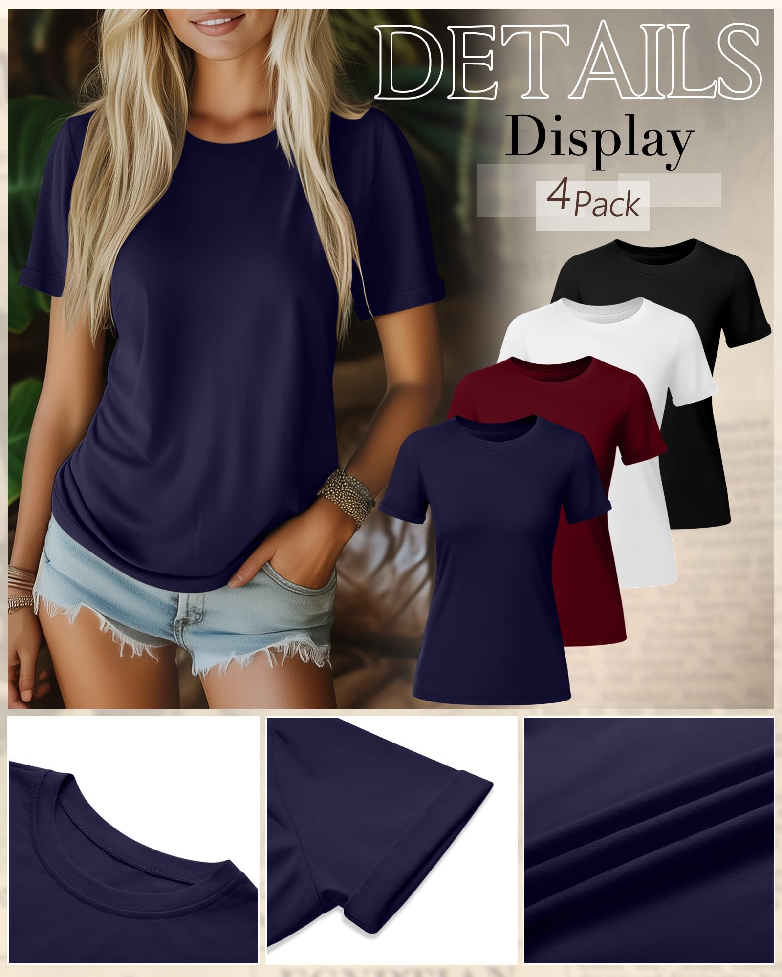 Ficerd 4 Pack Women's Cotton T Shirts Casual Short Sleeve Tunic Tops Crewneck Plain Summer Loose Fit Rolled Sleeve Basic Tee(Black, White, Navy Blue, Wine Red,XX-Large)