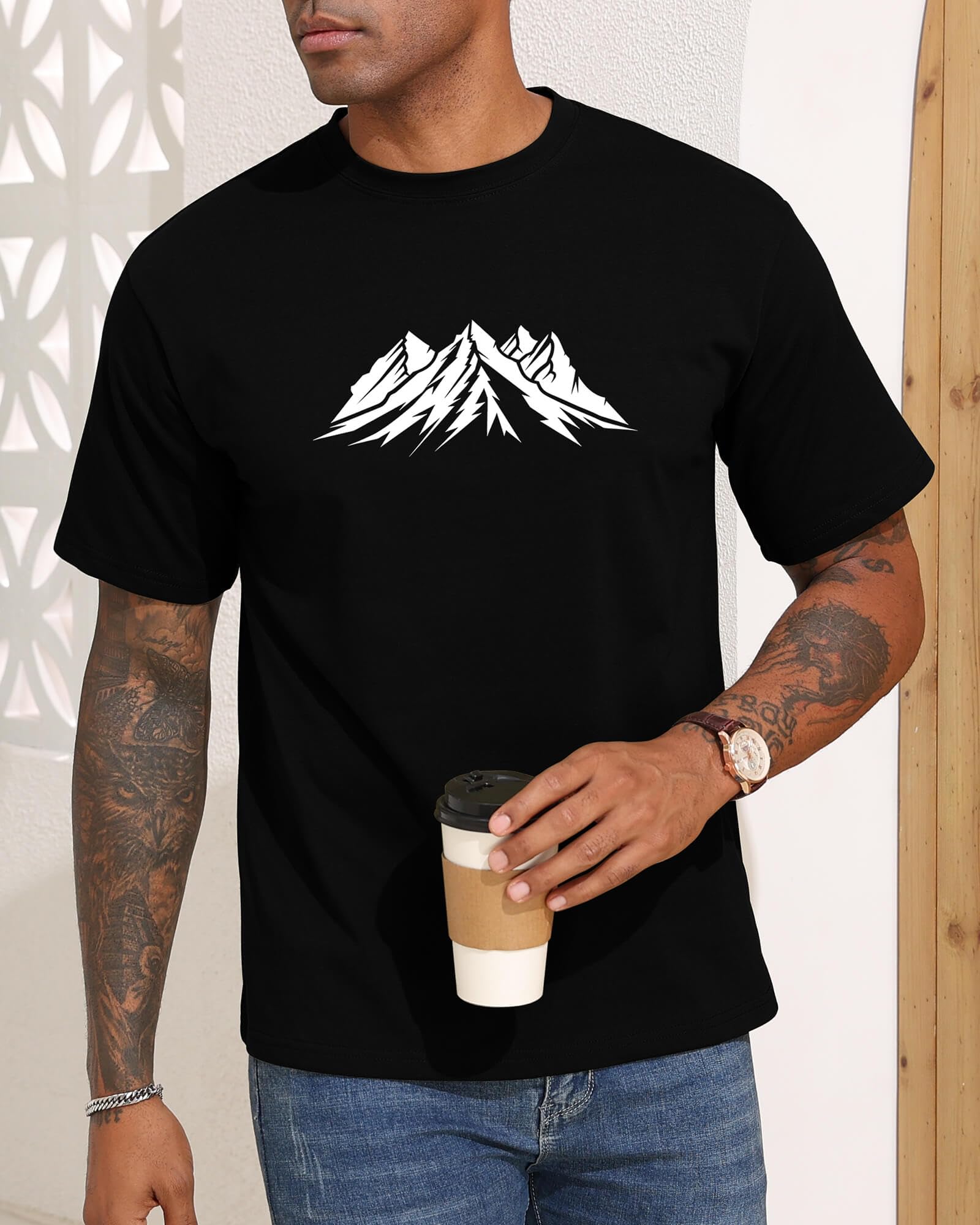 Mens Graphic T Shirts Mountain Art Print Short Sleeve Summer Top 100% Cotton Casual Tees for Men Black