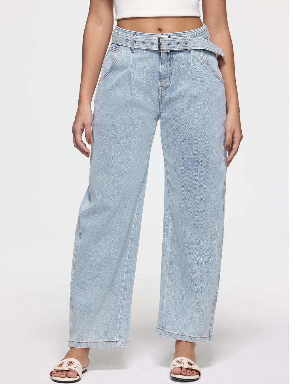 ZPIUO Barrel Jeans for Women - High Waisted Baggy Wide Leg Stretchy Denim Pants with Detachable Belt - Ice Blue Size 14