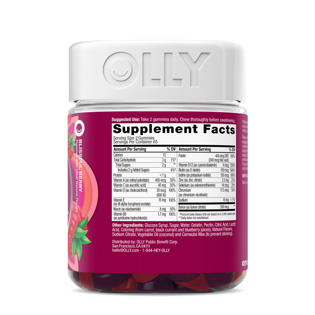 OLLY Women's Daily Multivitamin Gummy, Vitamins A, D, C, E, Biotin, Folic Acid, Adult Chewable Vitamin, Berry Flavor, 65 Day Supply - 130 Count