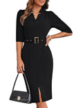 Office Dresses V Neck 3/4 Sleeve Black Dress Church Dresses for Women Elegant Midi Pencil Dress L