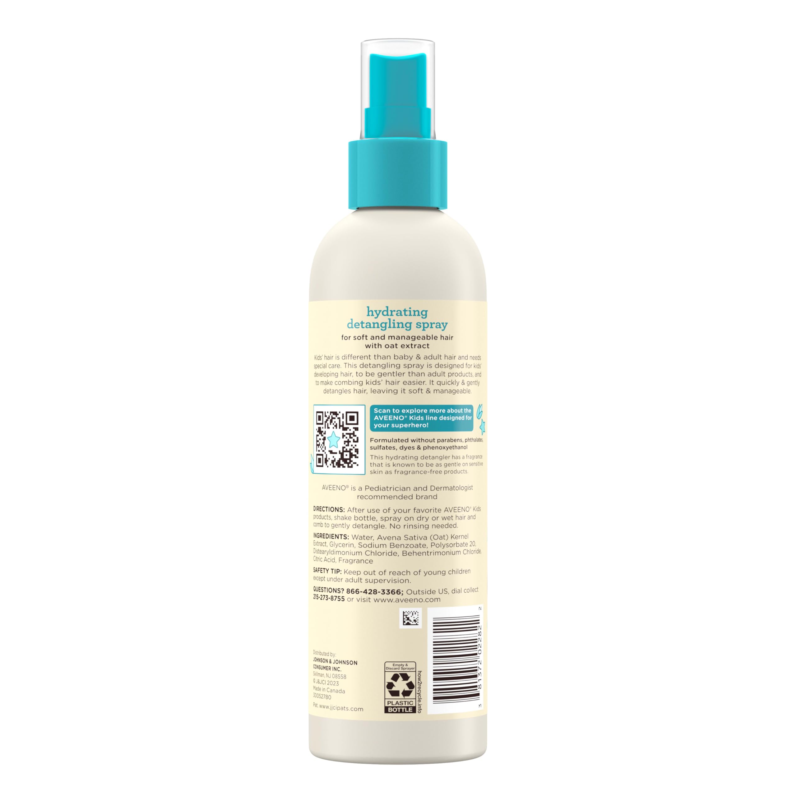 Aveeno Kids Hydrating Detangling Spray with Oat Extract, Quickly Detangles Hair, Tear-Free, Gentle on Sensitive Skin & Scalp, Detangler Spray for Kids, Hypoallergenic, 10 fl. oz