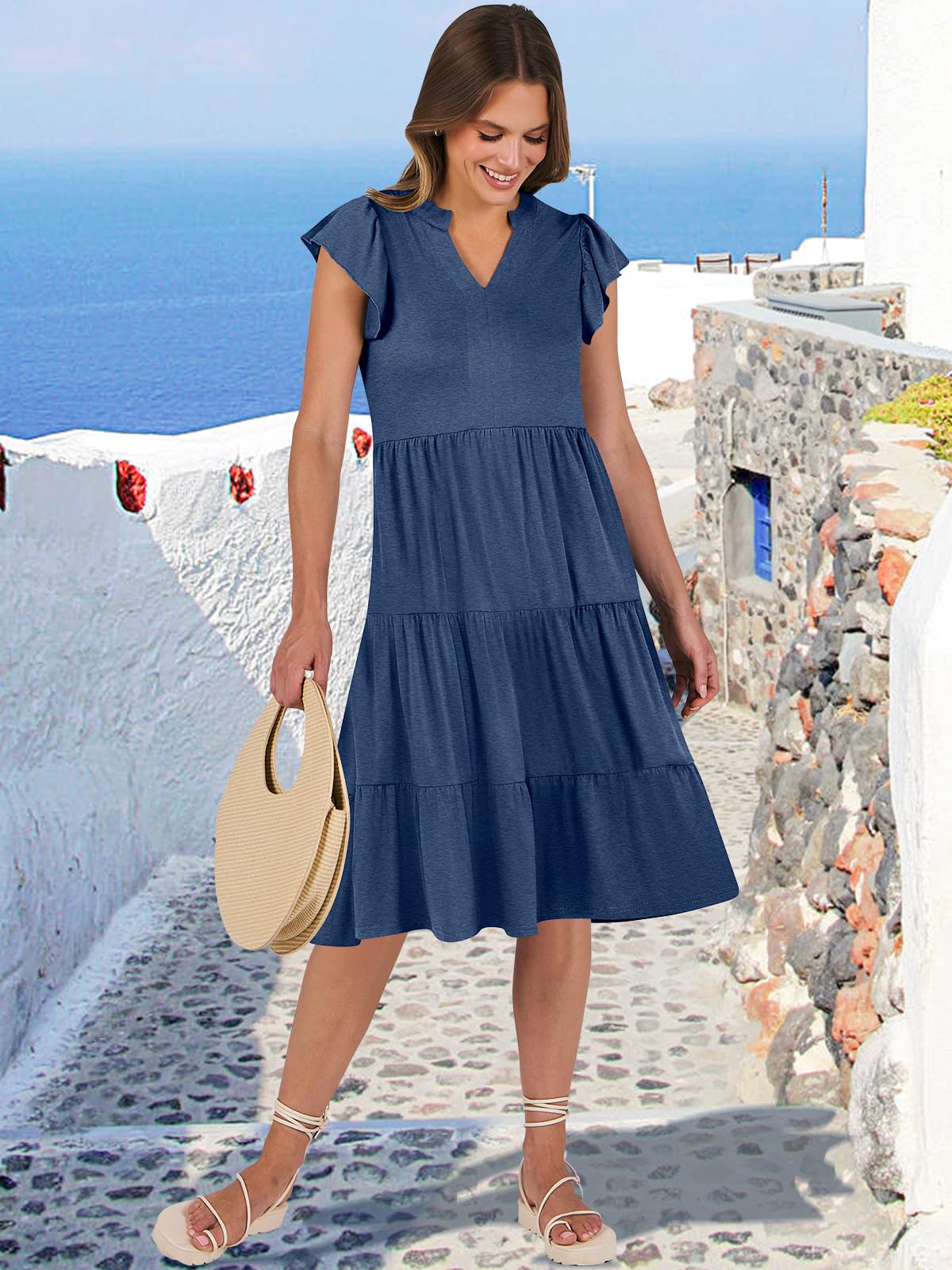 ANRABESS Womens Summer Dress Ruffle Sleeve V Neck Midi Dresses Fashion Casual Fit Flowy Tiered Boho Beach Vacation Sundress Blue-S