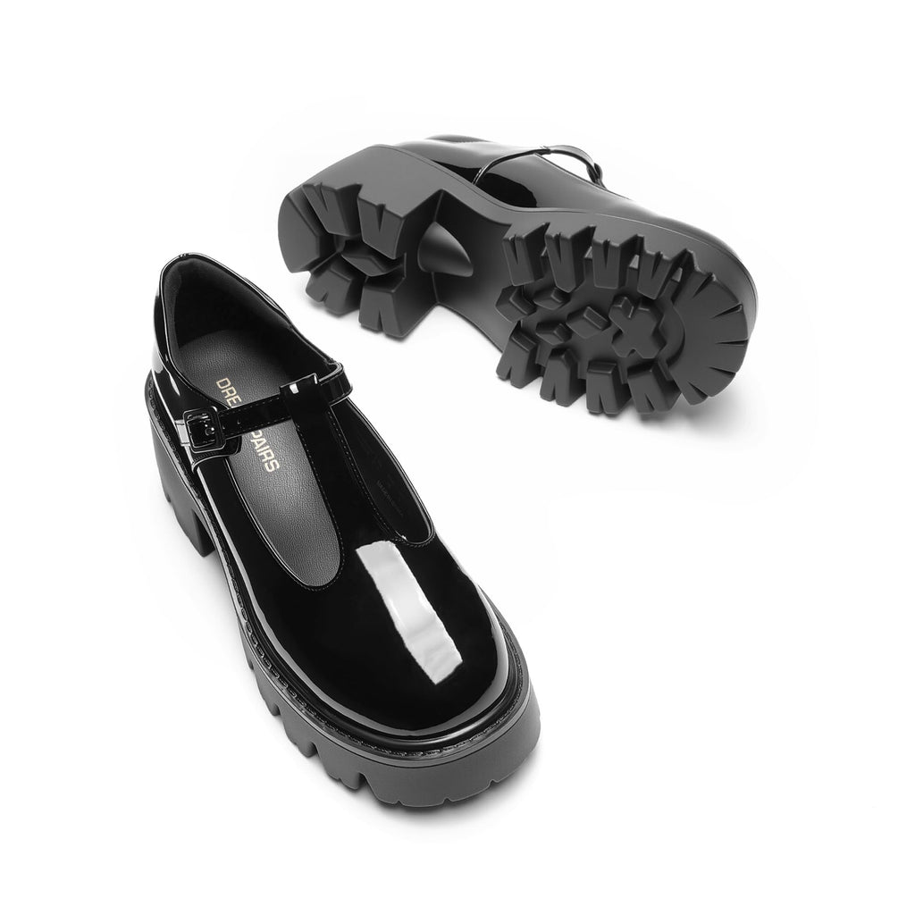 DREAM PAIRS Women's T-Strap Mary Jane Shoes Low Platform Chunky Block Heels Closed Toe Work Pumps Comfortable Round Toe Dress Wedding Party Shoes,Size 7.5,Black-Pat,DWUMPU2571