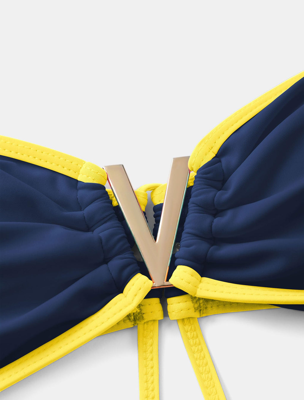 ZAFUL Women's Bandeau Bikini V Strapless Confetti Colorblock Tie Back High Cut Two Piece Swimsuit Bathing Suits (1-Navy Blue+Yellow, M)