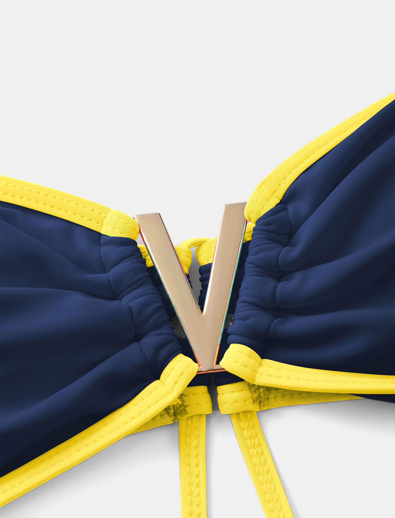 ZAFUL Women's Bandeau Bikini V Strapless Confetti Colorblock Tie Back High Cut Two Piece Swimsuit Bathing Suits (1-Navy Blue+Yellow, M)